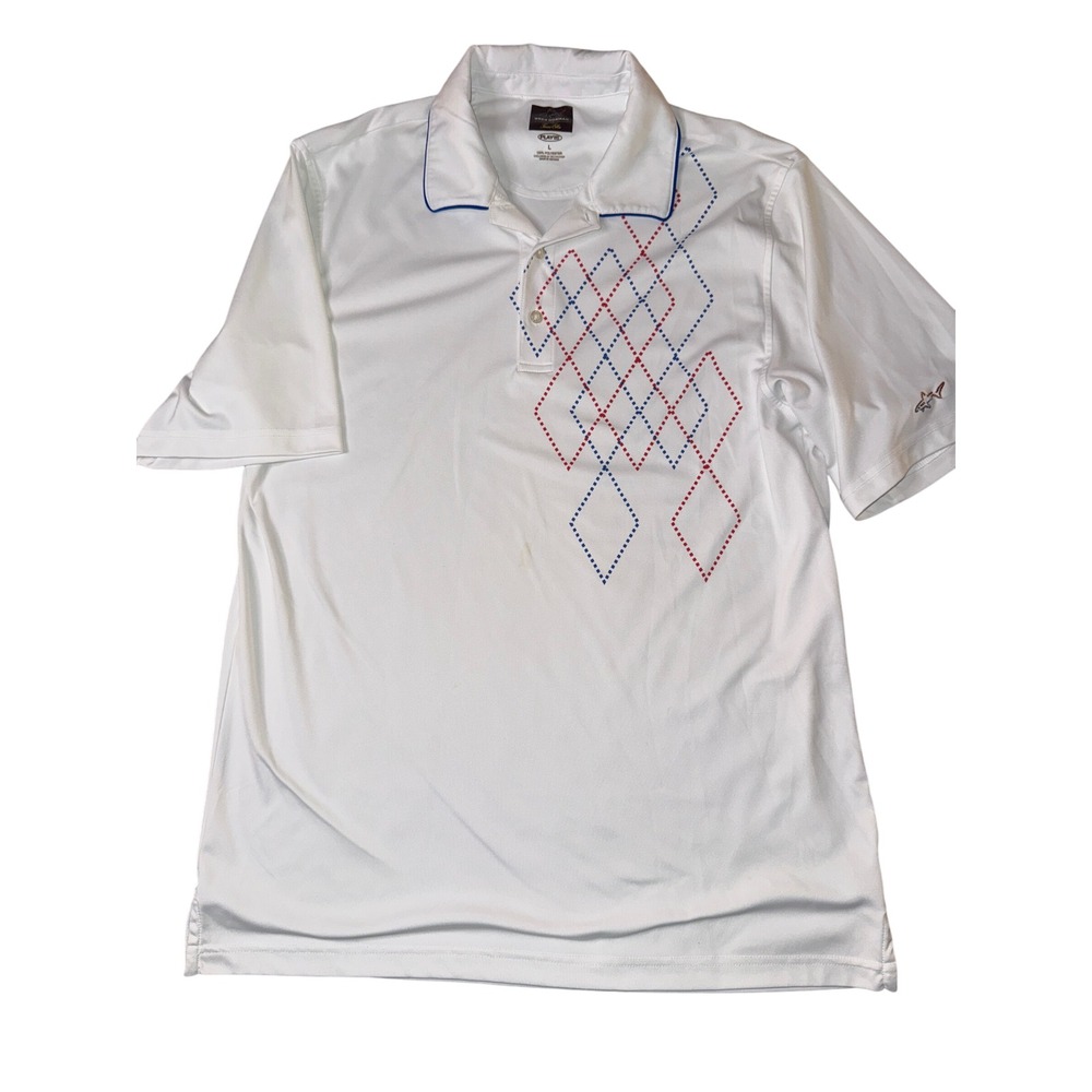 Greg‎ Norman Play Dry Tek Polo Shirt Mens L White Red Blue Argyle Golf